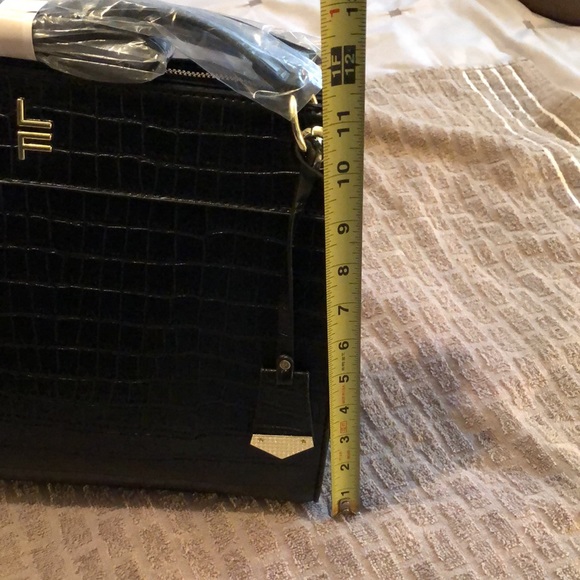 London Fog Brielle Croco Black Satchel with embroidered square design. - Picture 3 of 8